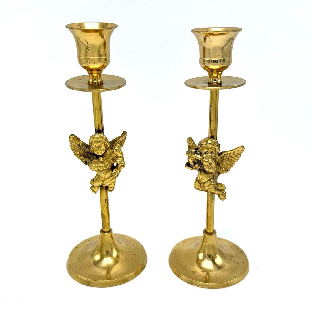 Pair 2 Vintage Brass Cherub Taper Candle Holders 8 Inch Angels Hollywood Regency